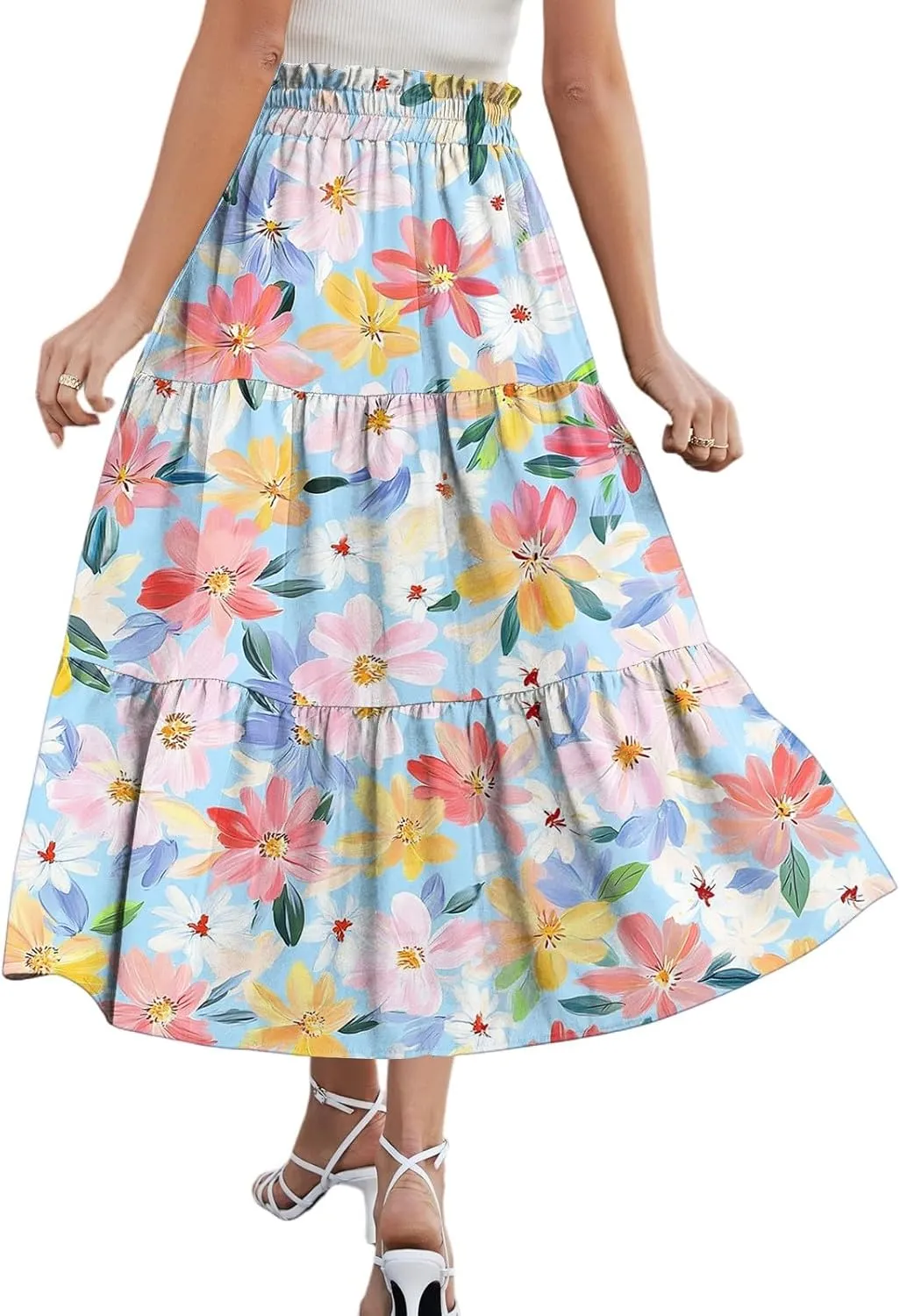 Women's Midi Boho Floral Tiered Skirts Trendy Comfy Flowy Drawstring High Elastic Waist Aline Skirt Skorts with Pockets