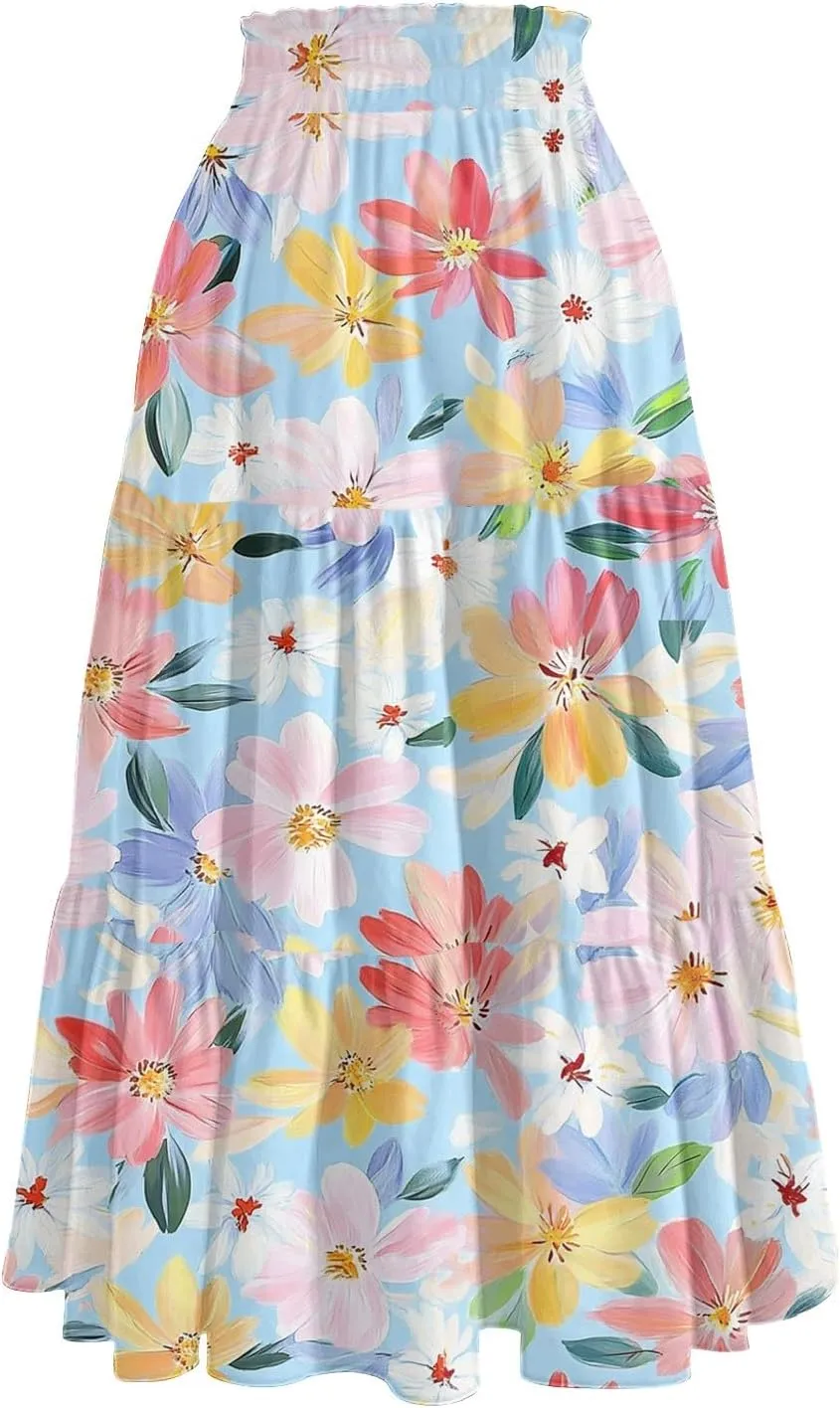 Women's Midi Boho Floral Tiered Skirts Trendy Comfy Flowy Drawstring High Elastic Waist Aline Skirt Skorts with Pockets