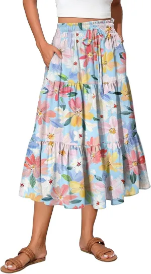 Women's Midi Boho Floral Tiered Skirts Trendy Comfy Flowy Drawstring High Elastic Waist Aline Skirt Skorts with Pockets