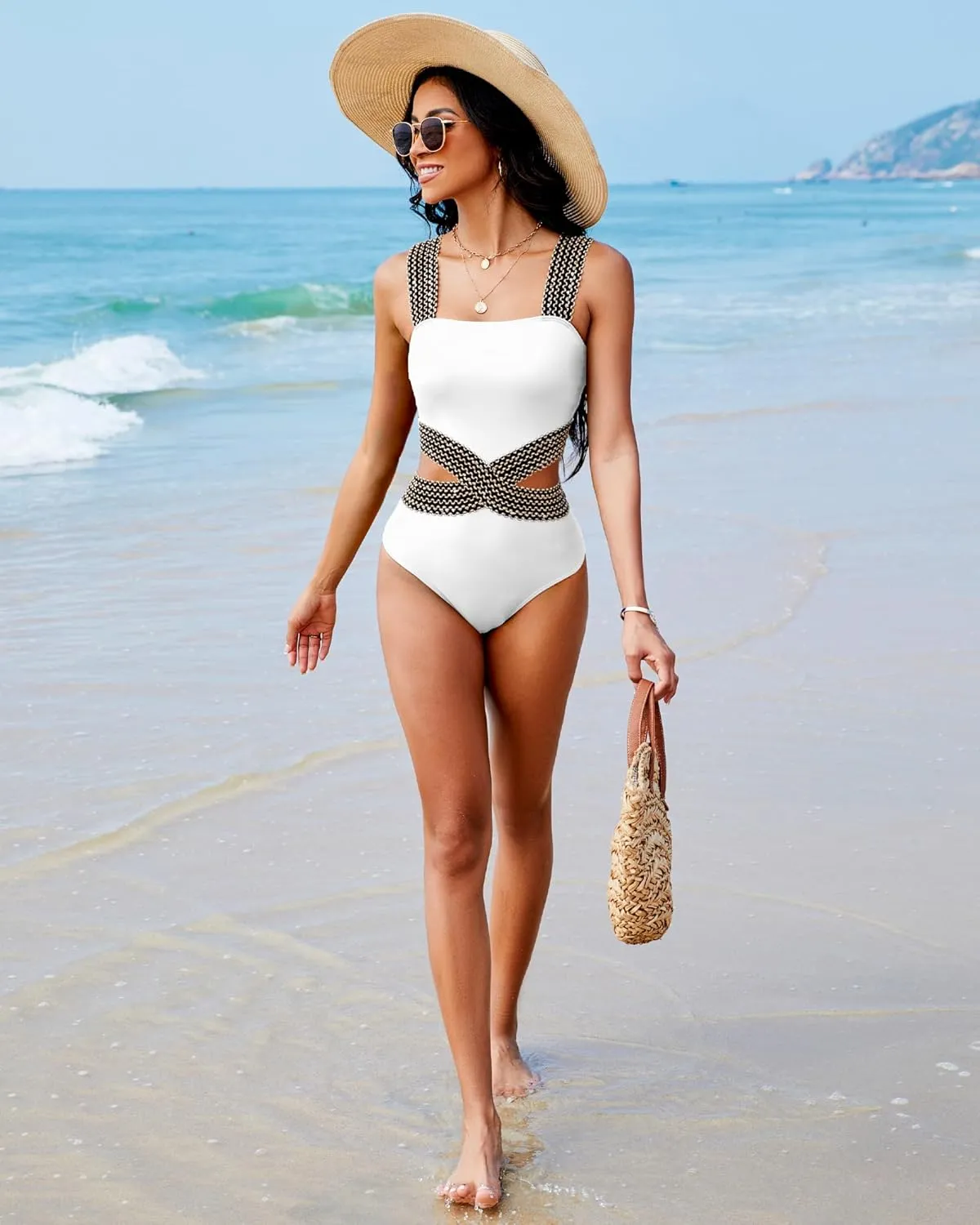Womens One Piece Tummy Control Swimsuit Modest High Waisted Bathing Suit Color Block Bandeau Monokini Sexy Cutout