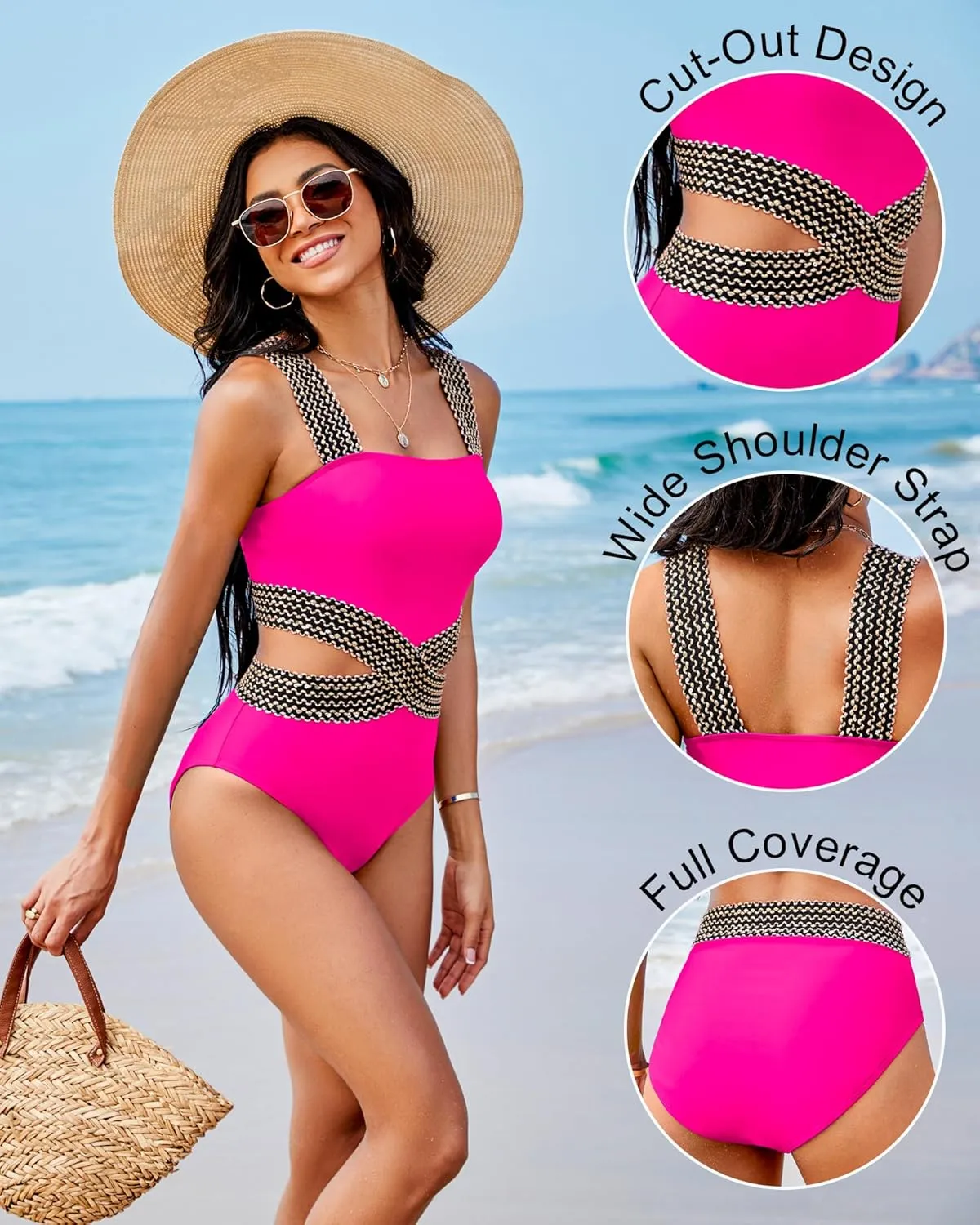 Womens One Piece Tummy Control Swimsuit Modest High Waisted Bathing Suit Color Block Bandeau Monokini Sexy Cutout