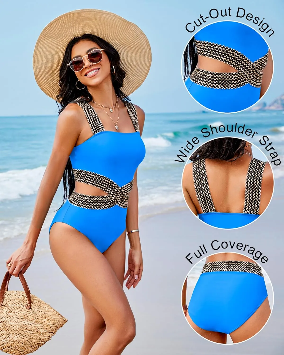 Womens One Piece Tummy Control Swimsuit Modest High Waisted Bathing Suit Color Block Bandeau Monokini Sexy Cutout