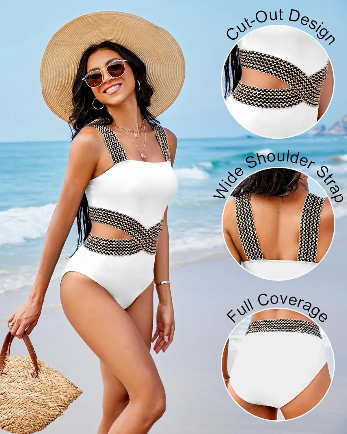 Womens One Piece Tummy Control Swimsuit Modest High Waisted Bathing Suit Color Block Bandeau Monokini Sexy Cutout