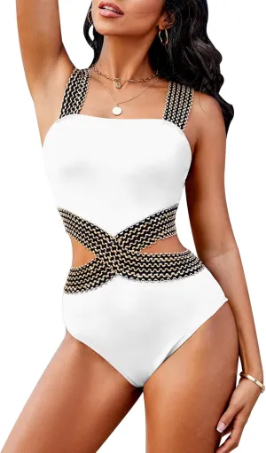 Womens One Piece Tummy Control Swimsuit Modest High Waisted Bathing Suit Color Block Bandeau Monokini Sexy Cutout