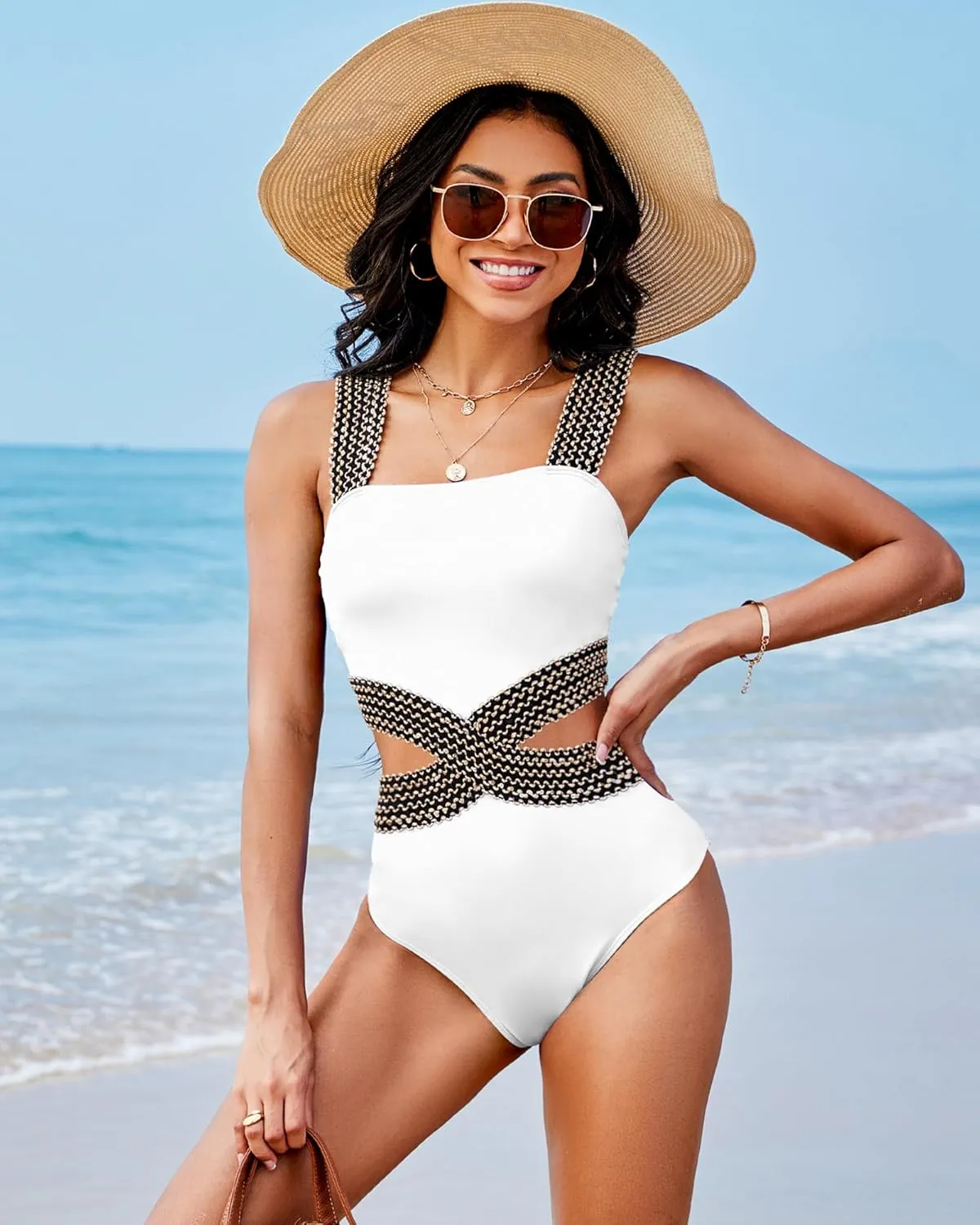 Womens One Piece Tummy Control Swimsuit Modest High Waisted Bathing Suit Color Block Bandeau Monokini Sexy Cutout