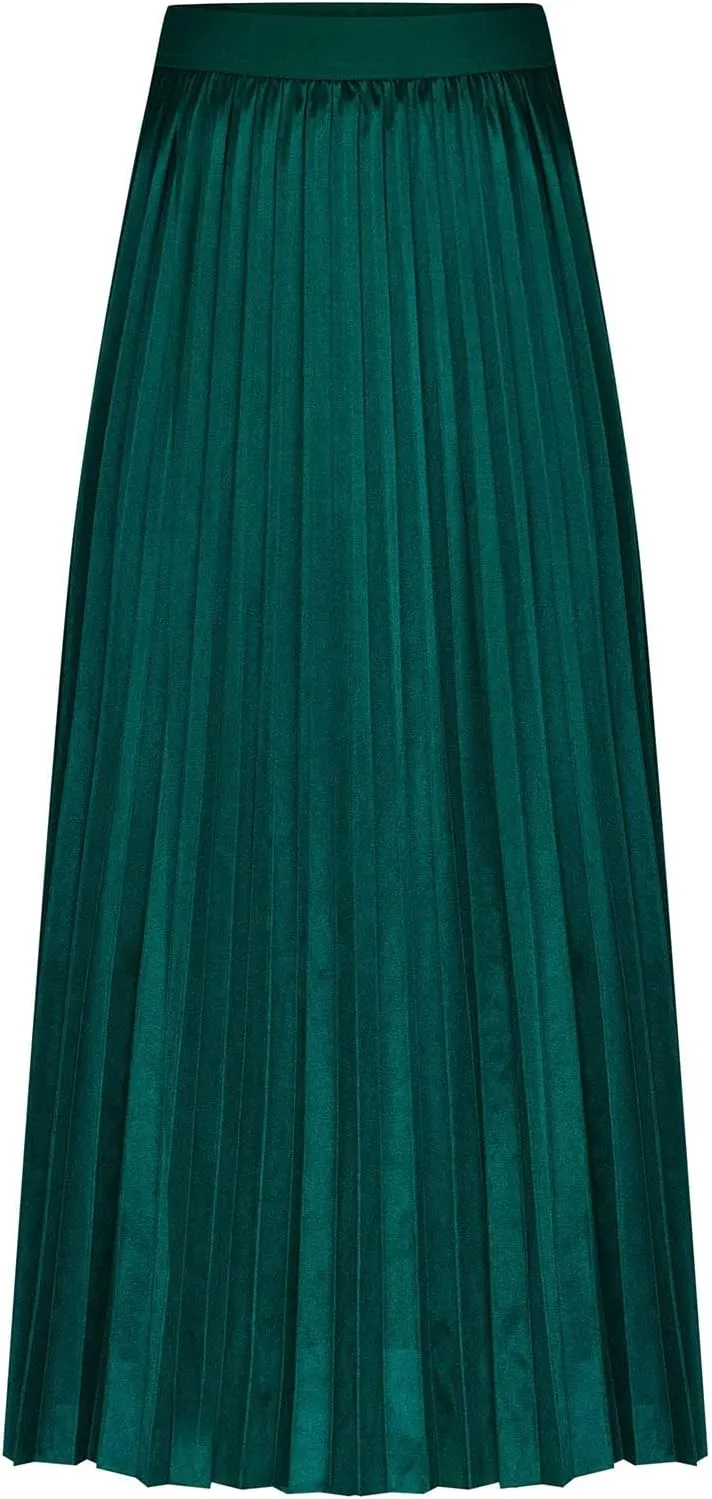 Womens Pleated Midi Skirts Elastic High Waist A-Line Ankle Length Skirt Ladies Elegant Evening Party Skirts