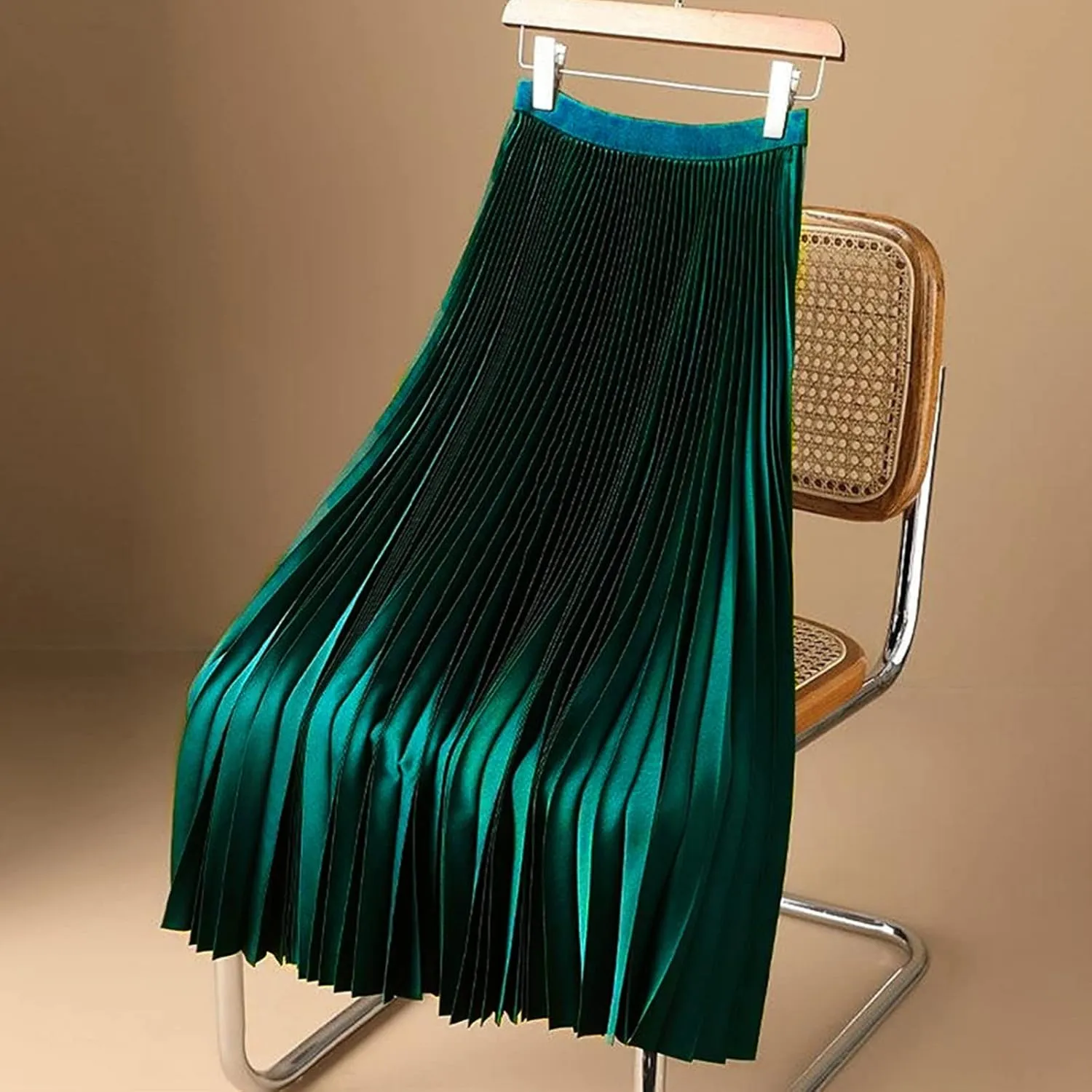 Womens Pleated Midi Skirts Elastic High Waist A-Line Ankle Length Skirt Ladies Elegant Evening Party Skirts