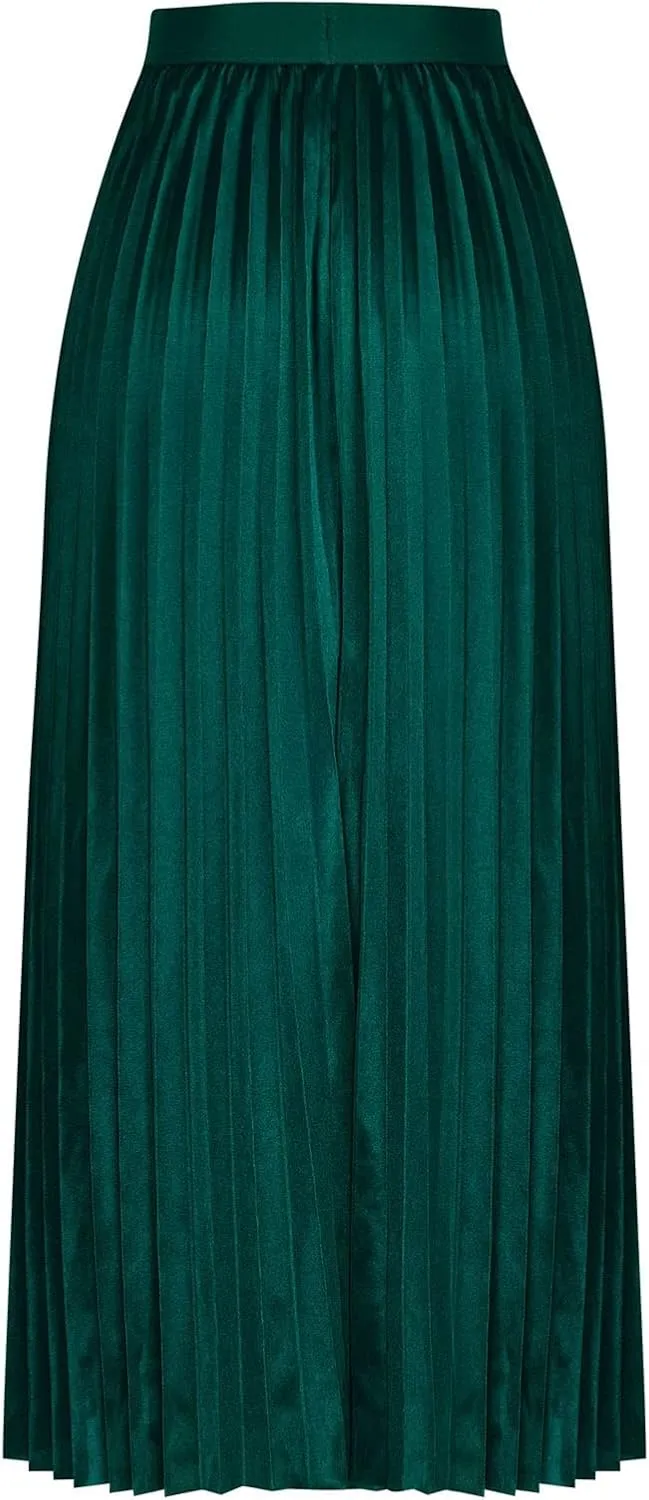Womens Pleated Midi Skirts Elastic High Waist A-Line Ankle Length Skirt Ladies Elegant Evening Party Skirts