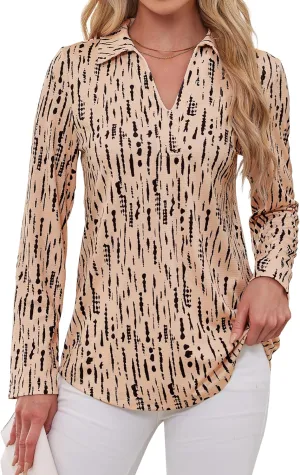 Women's Polo Shirts Collared V Neck Work Tops Long Sleeve Business Casual Dressy Blouses Textured Ribbed Tunic