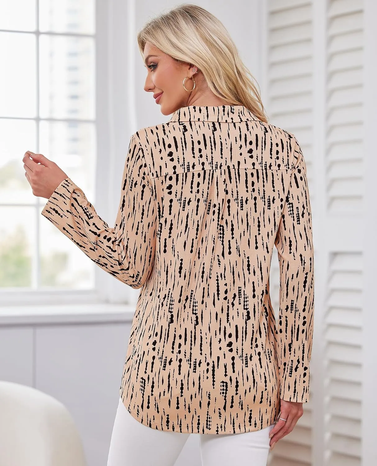 Women's Polo Shirts Collared V Neck Work Tops Long Sleeve Business Casual Dressy Blouses Textured Ribbed Tunic