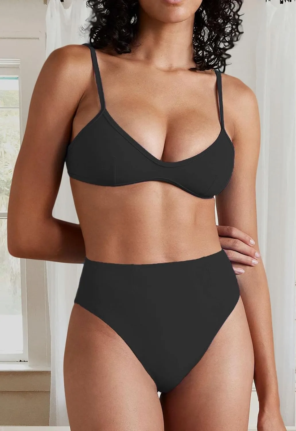 Women's Retro Bikini Sets Scoop Neck Spaghetti Straps Swimsuit High Waisted Bikini Cut Brazilian Bathing Suit