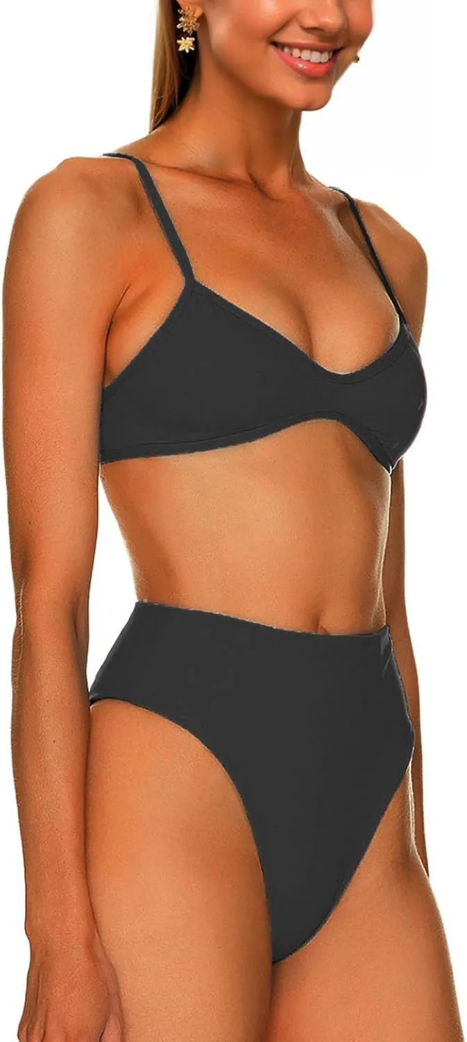Women's Retro Bikini Sets Scoop Neck Spaghetti Straps Swimsuit High Waisted Bikini Cut Brazilian Bathing Suit