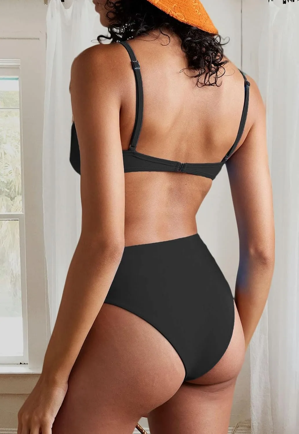 Women's Retro Bikini Sets Scoop Neck Spaghetti Straps Swimsuit High Waisted Bikini Cut Brazilian Bathing Suit