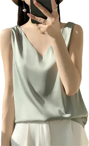 Women's Silk Satin Camisole Tank Tops for Women Trendy Female Summer Basic V-Neck Sleeveless Blouse Shirts