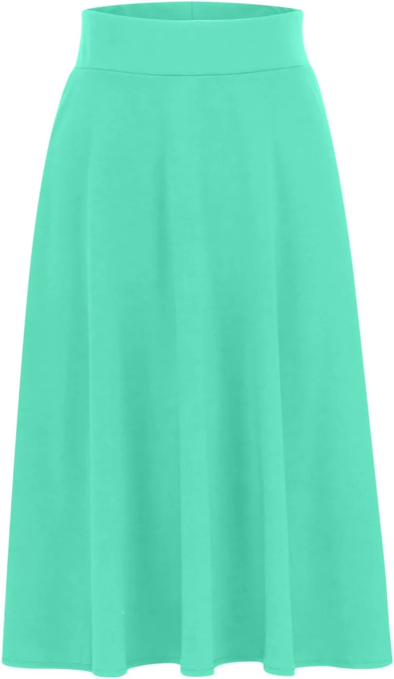 Womens Solid Lightweight Midi Skirt Pull On Casual Skirts High Waisted Stretch Summer Work Office Dress 2025 Trendy