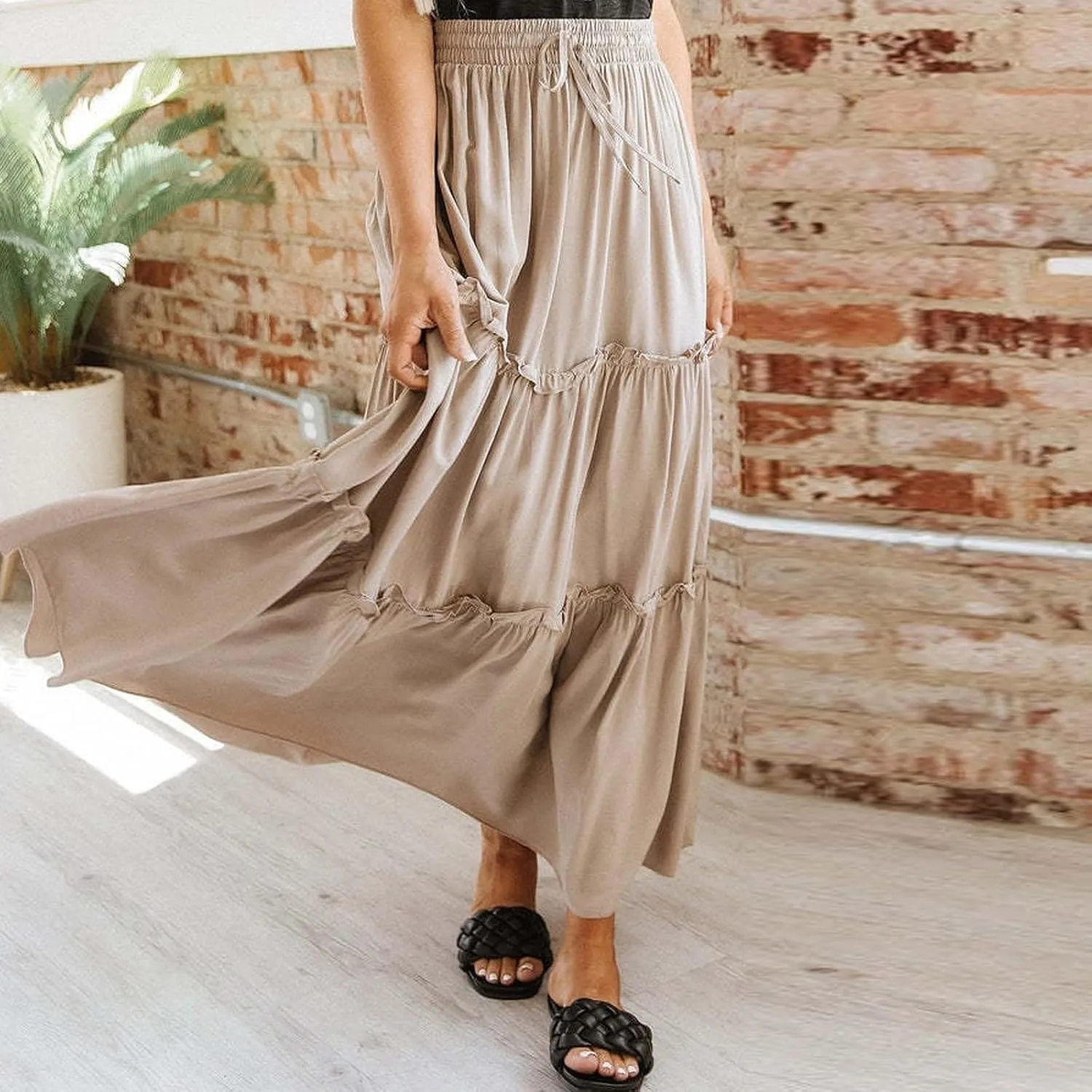 Women's Summer Casual Maxi Skirts Ruffle High Waist Solid Pleated Tiered Skirt