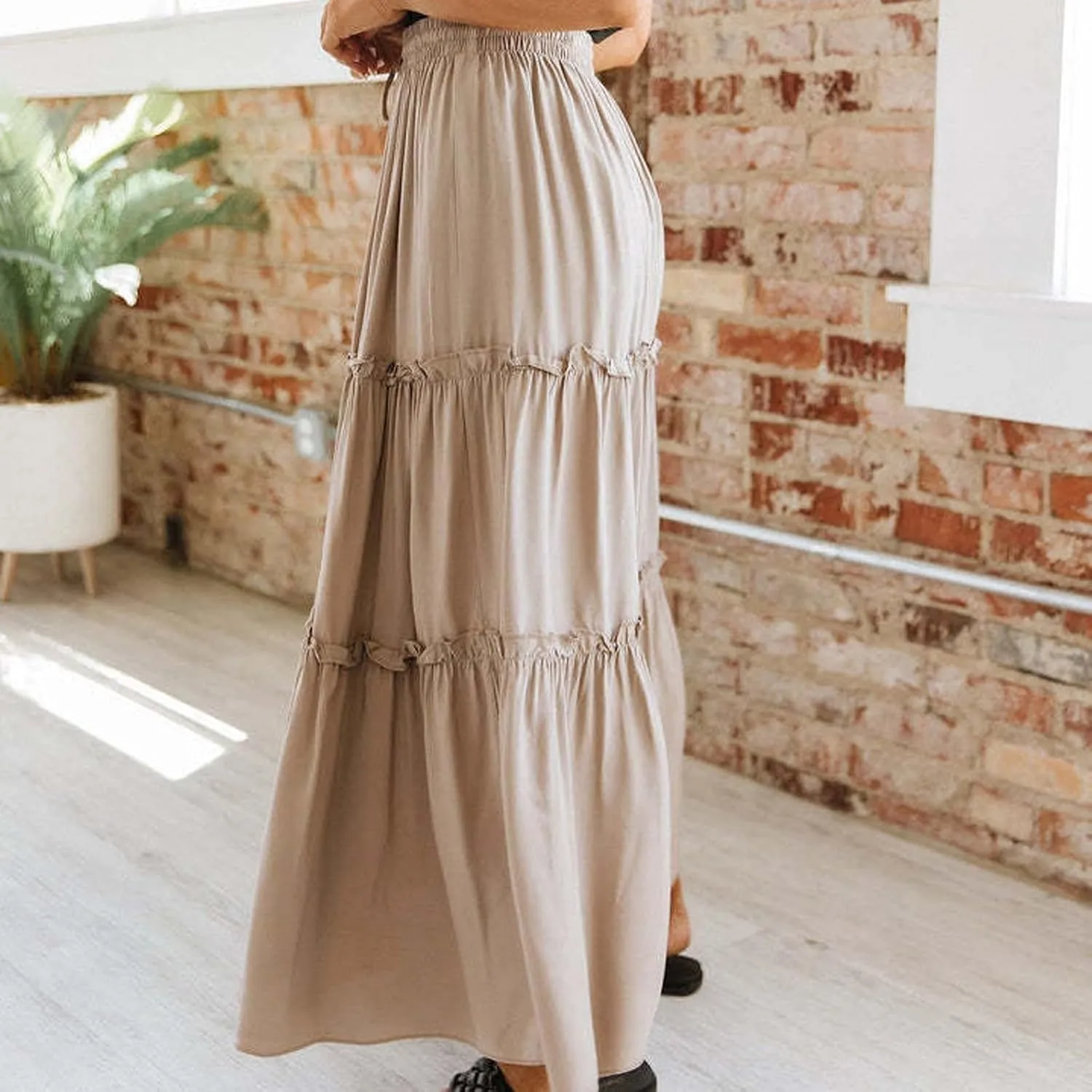 Women's Summer Casual Maxi Skirts Ruffle High Waist Solid Pleated Tiered Skirt