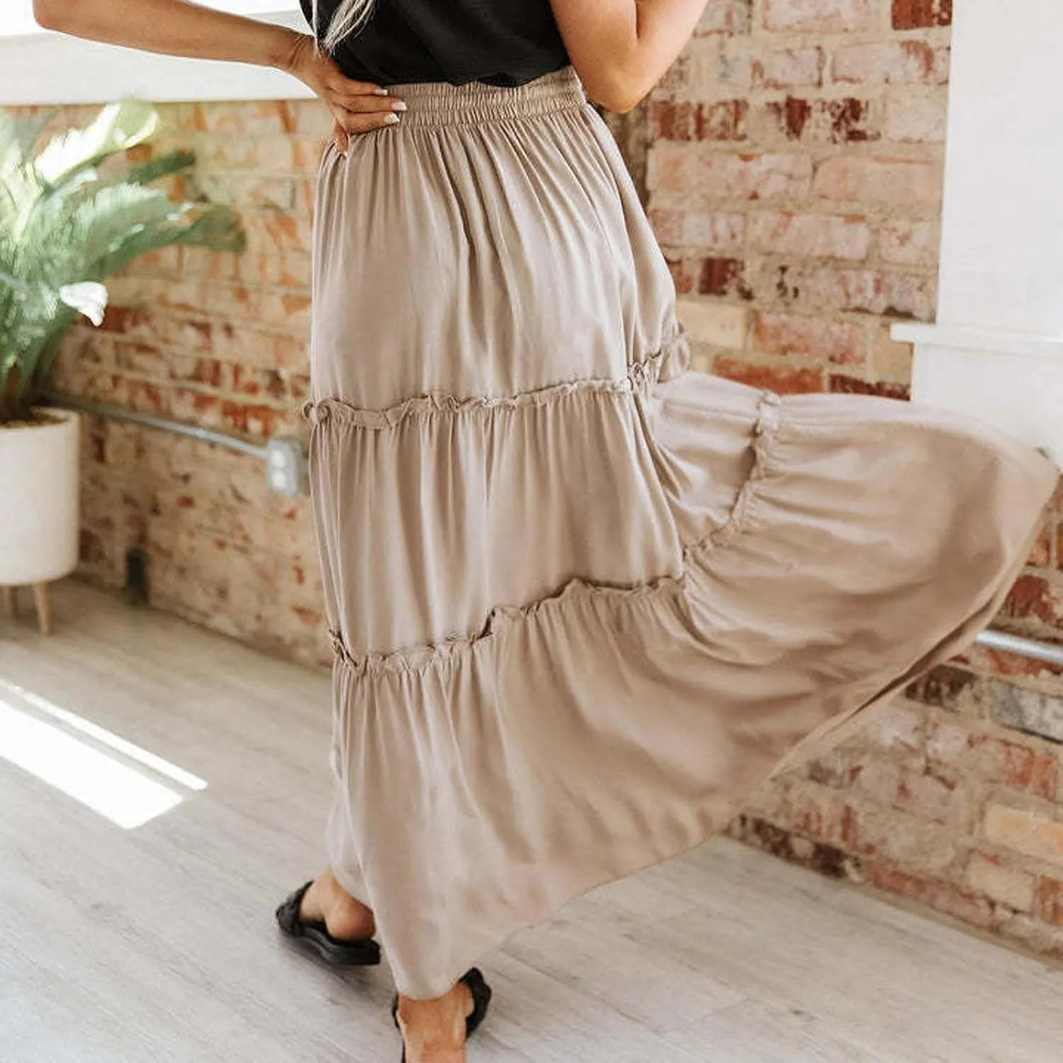 Women's Summer Casual Maxi Skirts Ruffle High Waist Solid Pleated Tiered Skirt