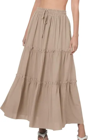 Women's Summer Casual Maxi Skirts Ruffle High Waist Solid Pleated Tiered Skirt