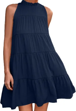 Womens Summer Dresses 2025 Casual Halter Sundress Sleeveless Flowy Mini Babydoll Tiered Pleated Beach Dress