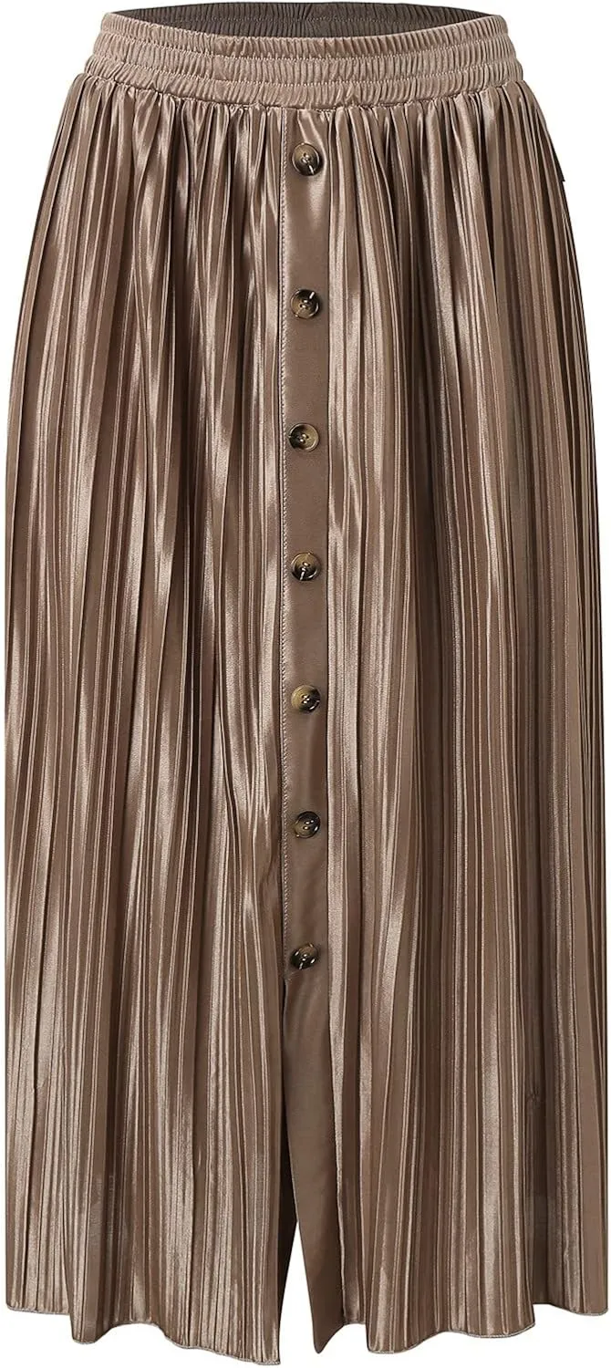 Women's Summer Maxi Skirts Women's Elastic Waist Skirts Party Shiny Accordion Pleated Midi Skirt Denim Skirts for