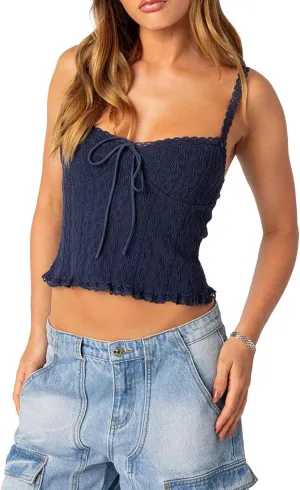Womens Y2k Lace Trim Tank Top Boho Tie Front Camisole Sleeveless Slim Fitted Cami Going Out Shirts