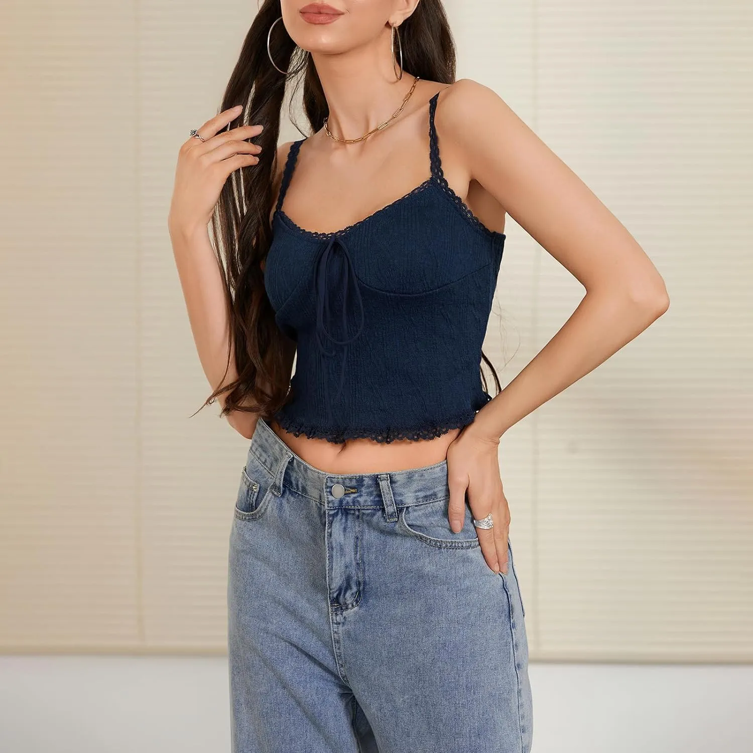 Womens Y2k Lace Trim Tank Top Boho Tie Front Camisole Sleeveless Slim Fitted Cami Going Out Shirts
