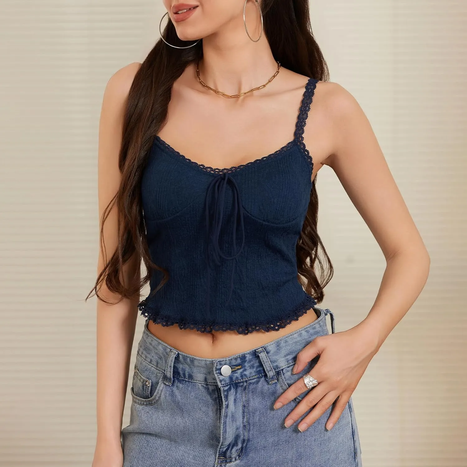 Womens Y2k Lace Trim Tank Top Boho Tie Front Camisole Sleeveless Slim Fitted Cami Going Out Shirts