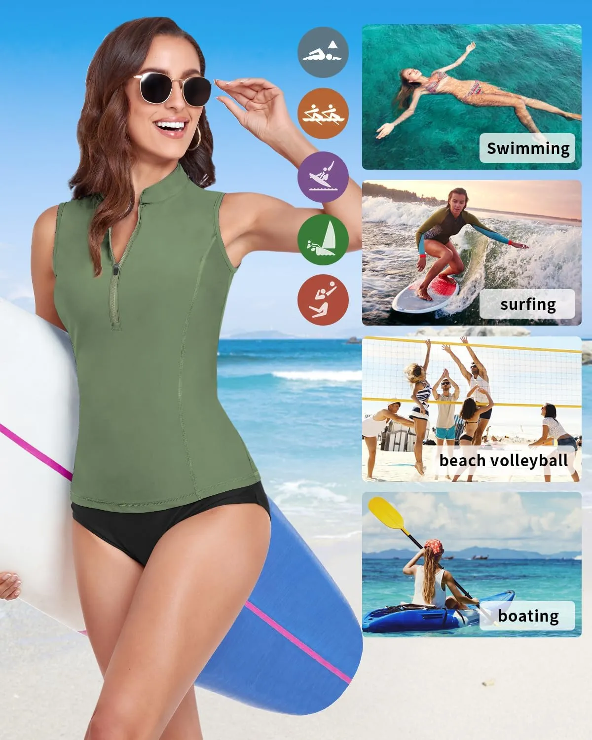 WOWENY Women's Rash Guard Buit-in Bra Tankini Swimsuit Tops Sleeveless Swim Shirts Bathing Suit No Bottoms