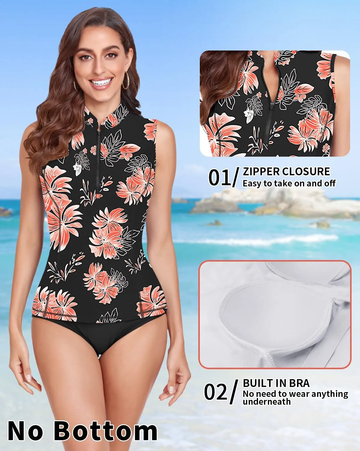 WOWENY Women's Rash Guard Buit-in Bra Tankini Swimsuit Tops Sleeveless Swim Shirts Bathing Suit No Bottoms