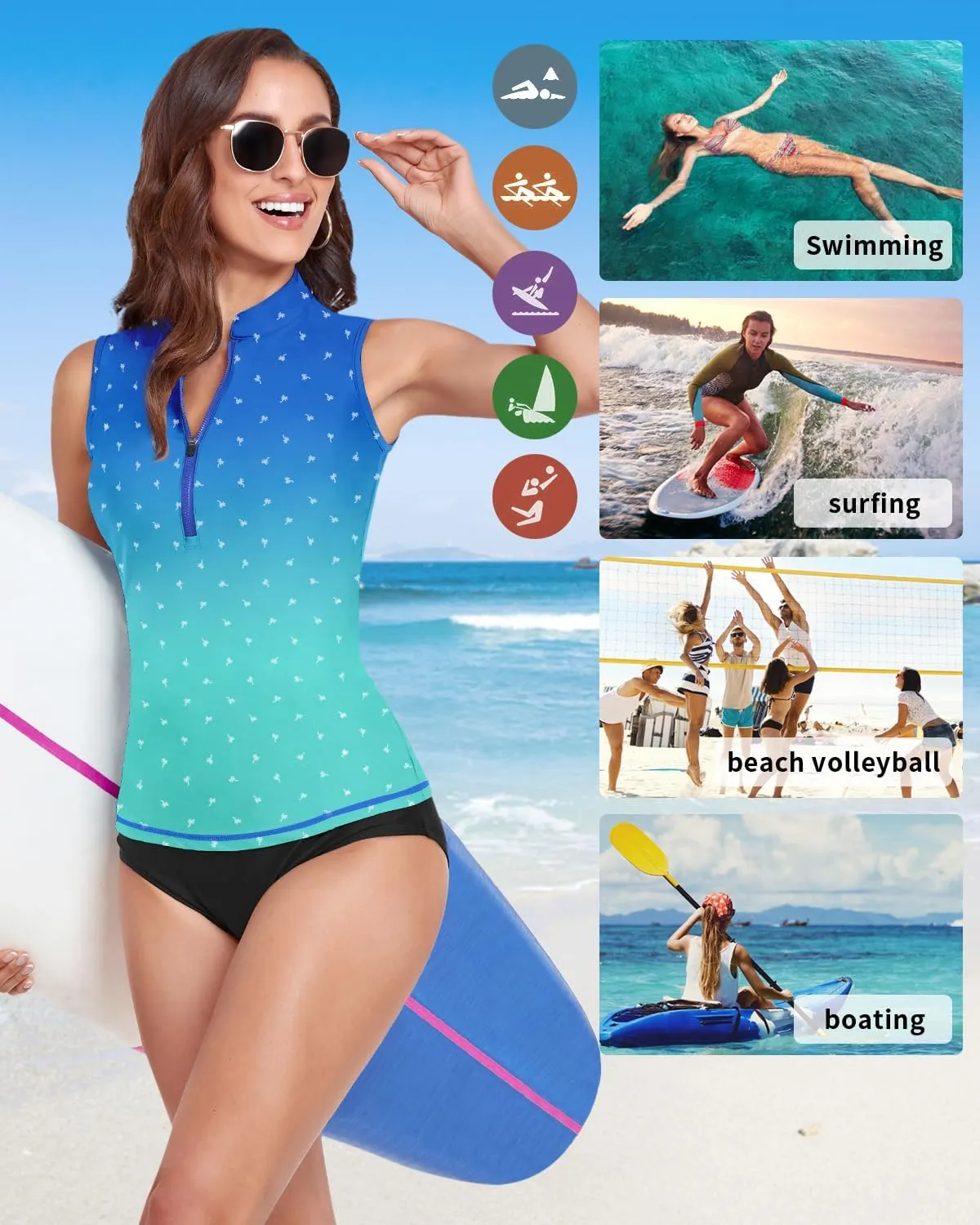 WOWENY Women's Rash Guard Buit-in Bra Tankini Swimsuit Tops Sleeveless Swim Shirts Bathing Suit No Bottoms