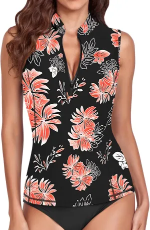 WOWENY Women's Rash Guard Buit-in Bra Tankini Swimsuit Tops Sleeveless Swim Shirts Bathing Suit No Bottoms