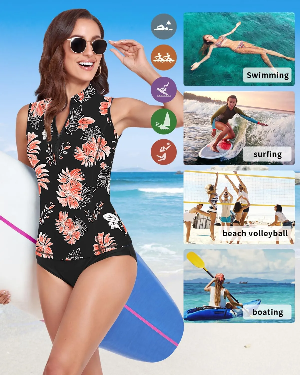 WOWENY Women's Rash Guard Buit-in Bra Tankini Swimsuit Tops Sleeveless Swim Shirts Bathing Suit No Bottoms