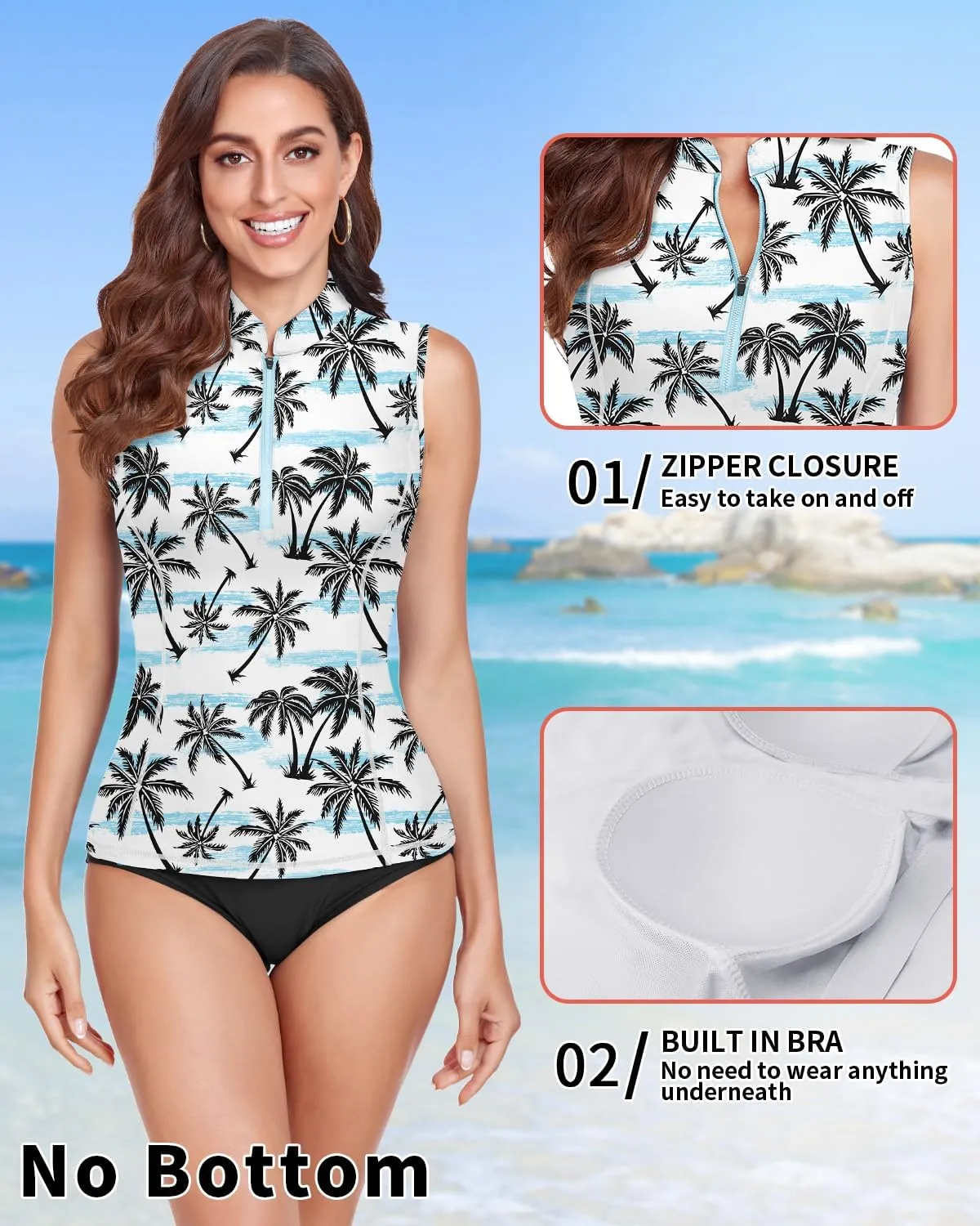 WOWENY Women's Rash Guard Buit-in Bra Tankini Swimsuit Tops Sleeveless Swim Shirts Bathing Suit No Bottoms