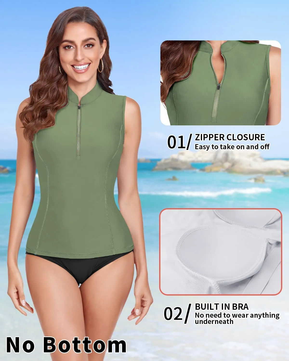 WOWENY Women's Rash Guard Buit-in Bra Tankini Swimsuit Tops Sleeveless Swim Shirts Bathing Suit No Bottoms