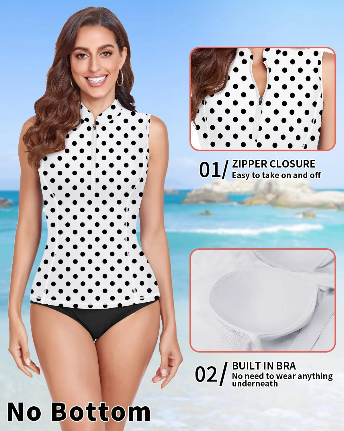 WOWENY Women's Rash Guard Buit-in Bra Tankini Swimsuit Tops Sleeveless Swim Shirts Bathing Suit No Bottoms