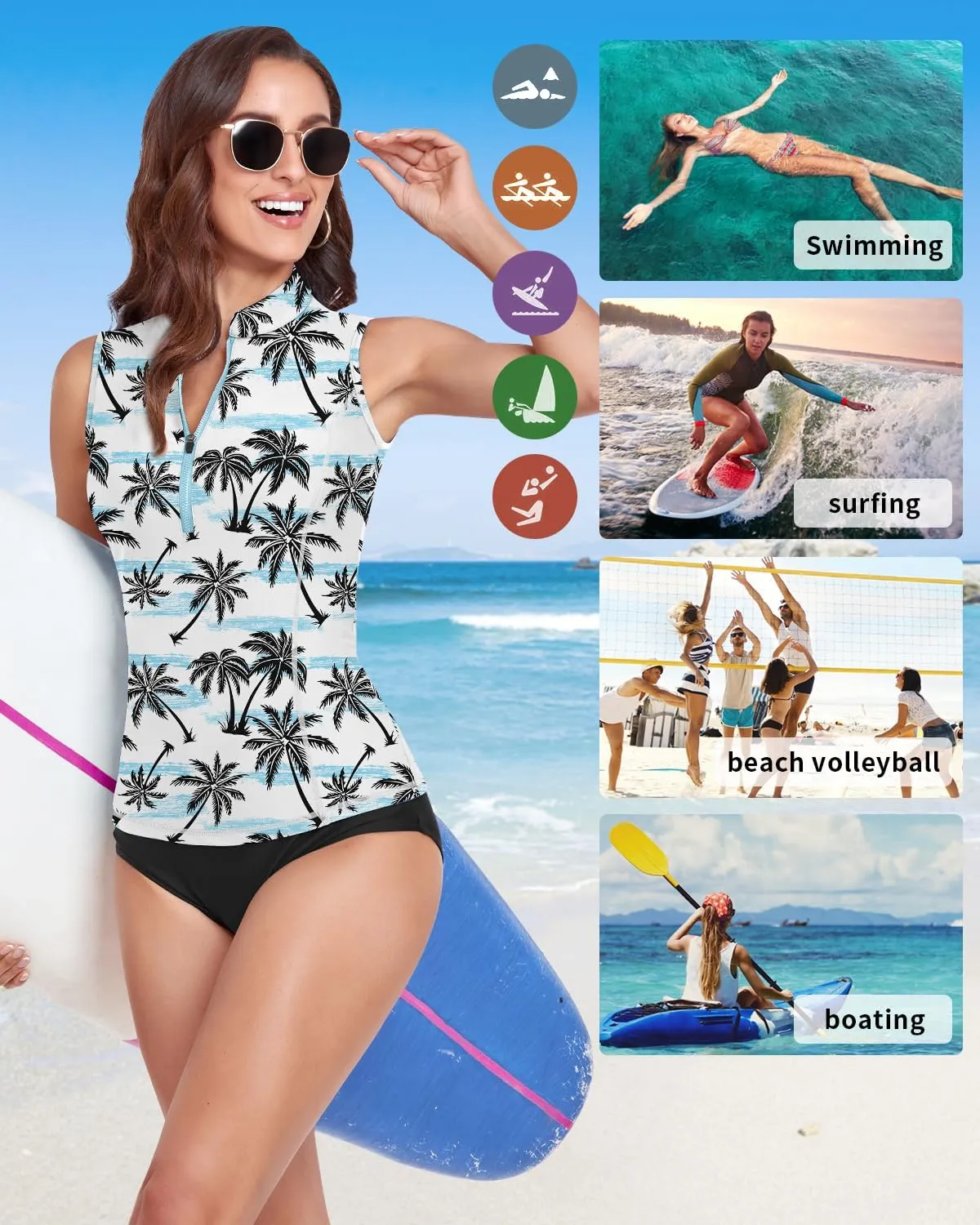 WOWENY Women's Rash Guard Buit-in Bra Tankini Swimsuit Tops Sleeveless Swim Shirts Bathing Suit No Bottoms