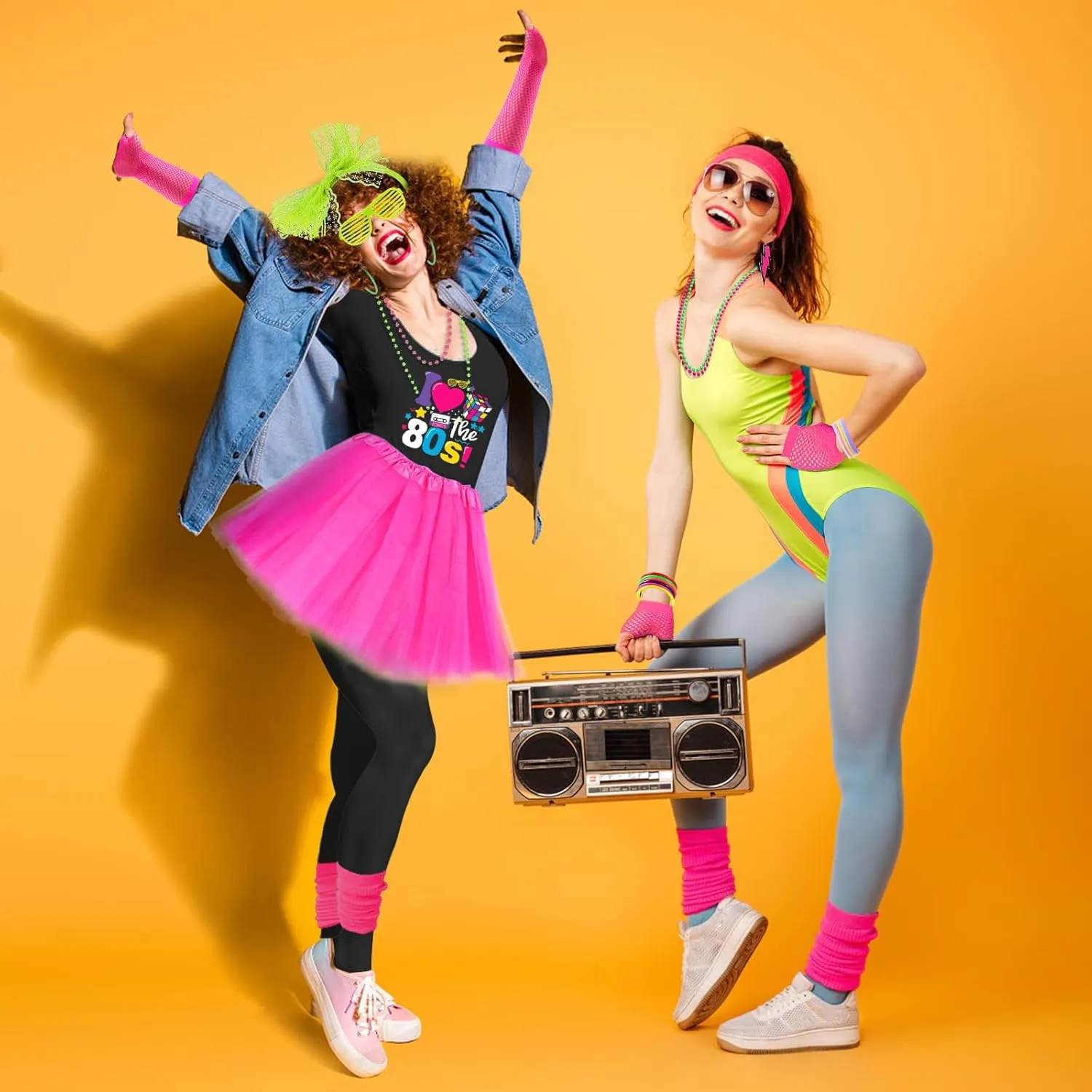 Xintorch 80s Outfit Women Costume Accessories Set T Shirt Leggings Tutu Skirt Neno Party Leg Warmers Headband
