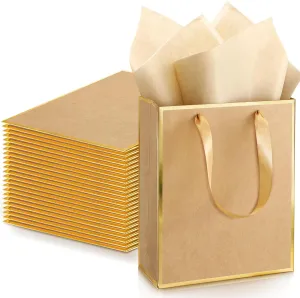 Yeaqee 24 Pack Metallic Paper Gift Bags with Handle and Tissue 9x7x3.1 Welcome Gift Thank You Bags for Wedding Father's Day Bridal Shower Groomsmen Birthday Party(Kraft, Gold)