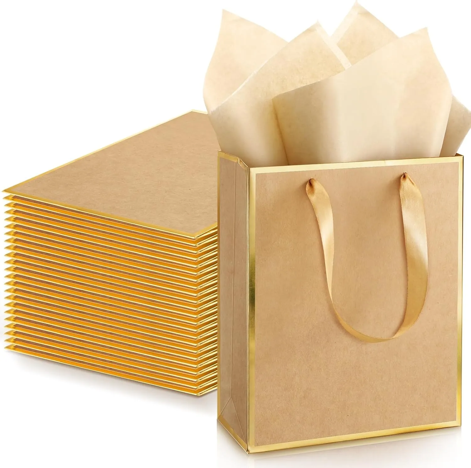 Yeaqee 24 Pack Metallic Paper Gift Bags with Handle and Tissue 9x7x3.1 Welcome Gift Thank You Bags for Wedding Father's Day Bridal Shower Groomsmen Birthday Party(Kraft, Gold)