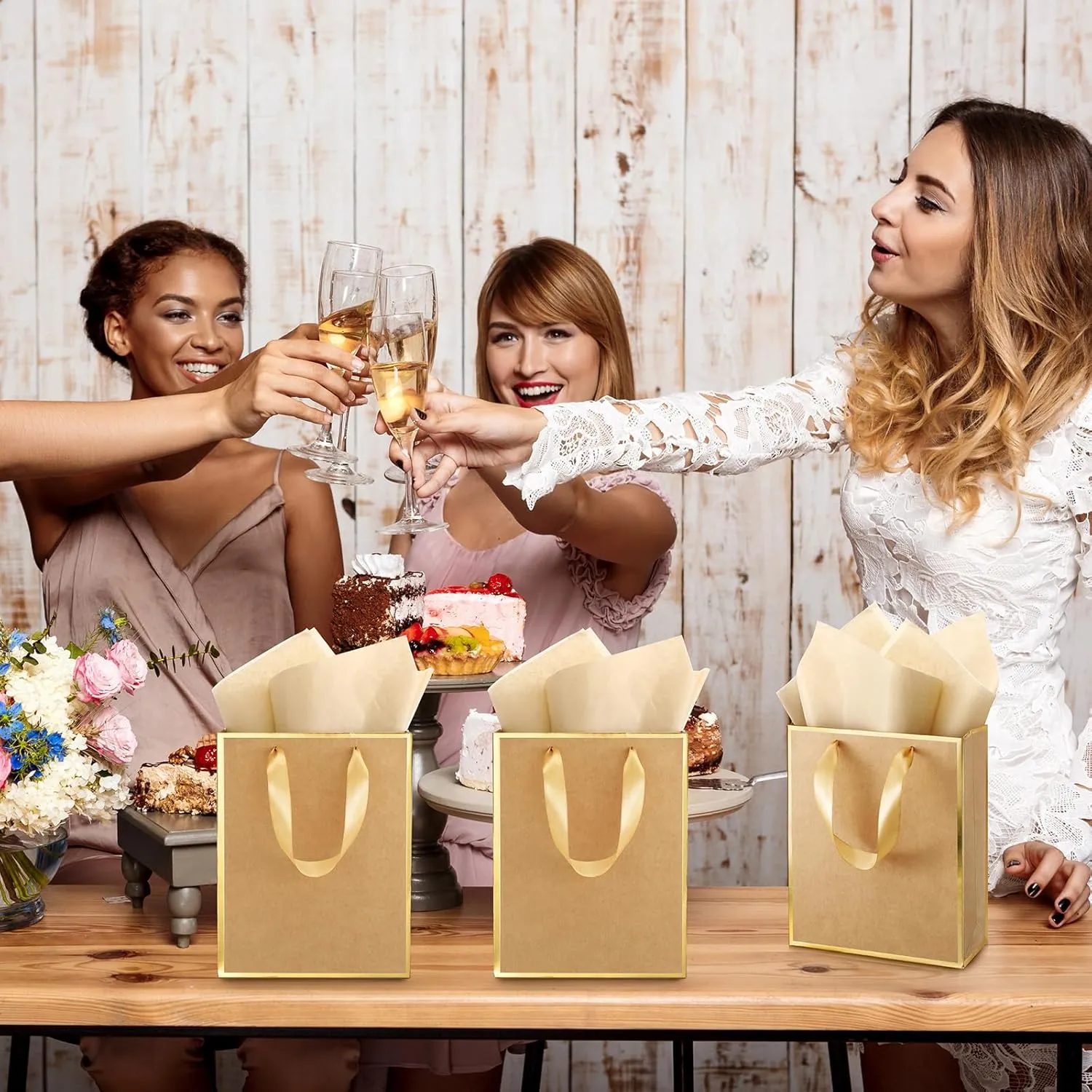 Yeaqee 24 Pack Metallic Paper Gift Bags with Handle and Tissue 9x7x3.1 Welcome Gift Thank You Bags for Wedding Father's Day Bridal Shower Groomsmen Birthday Party(Kraft, Gold)