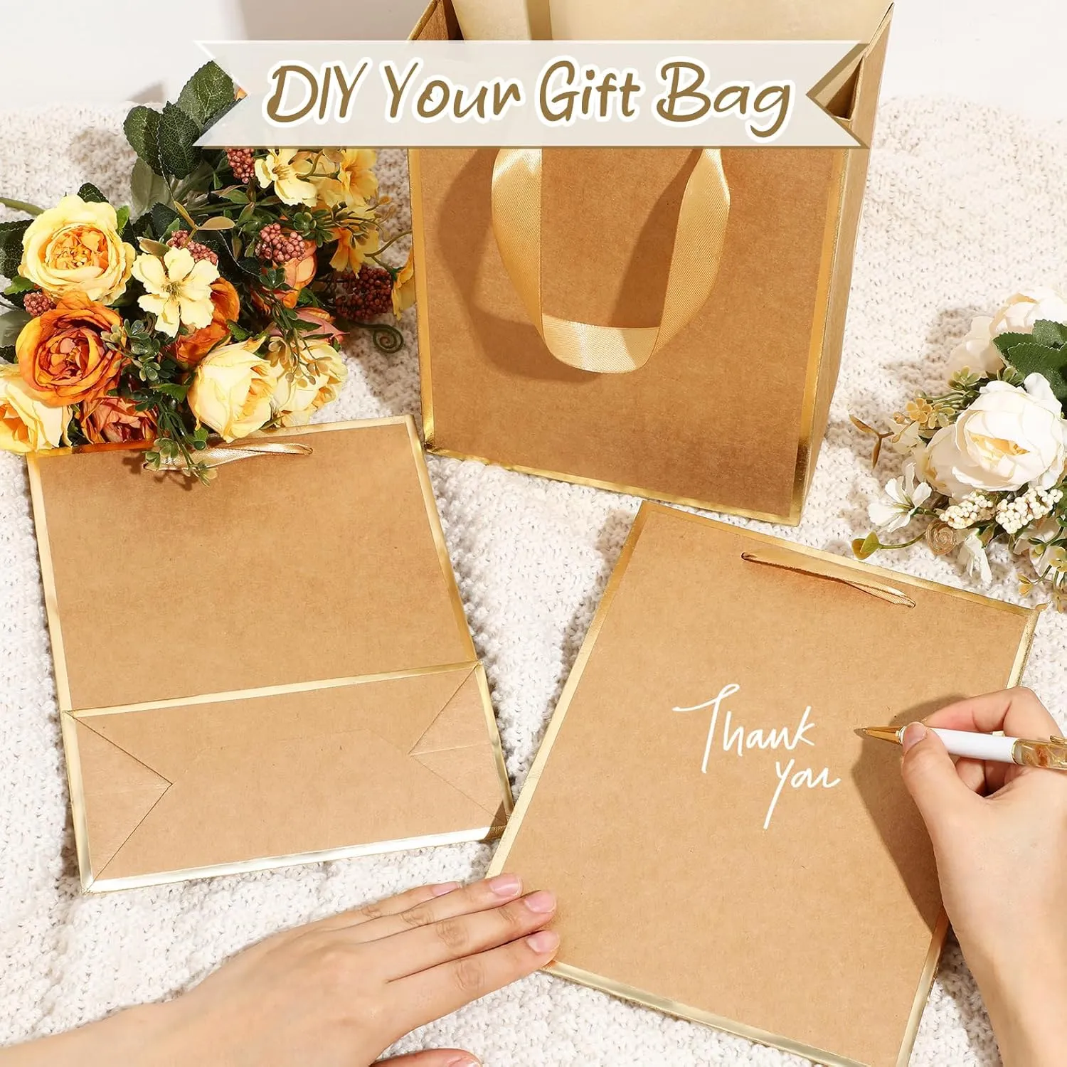 Yeaqee 24 Pack Metallic Paper Gift Bags with Handle and Tissue 9x7x3.1 Welcome Gift Thank You Bags for Wedding Father's Day Bridal Shower Groomsmen Birthday Party(Kraft, Gold)