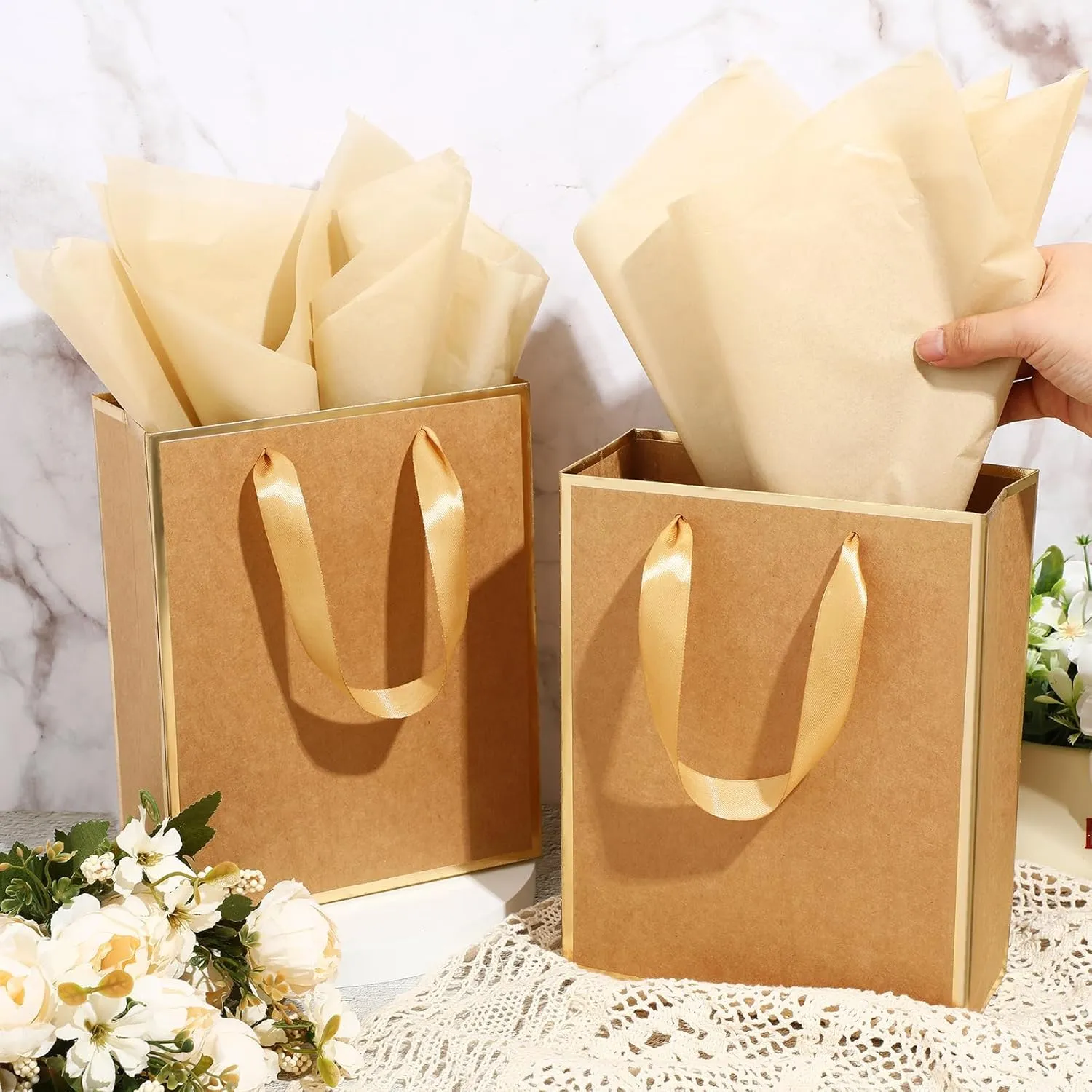 Yeaqee 24 Pack Metallic Paper Gift Bags with Handle and Tissue 9x7x3.1 Welcome Gift Thank You Bags for Wedding Father's Day Bridal Shower Groomsmen Birthday Party(Kraft, Gold)