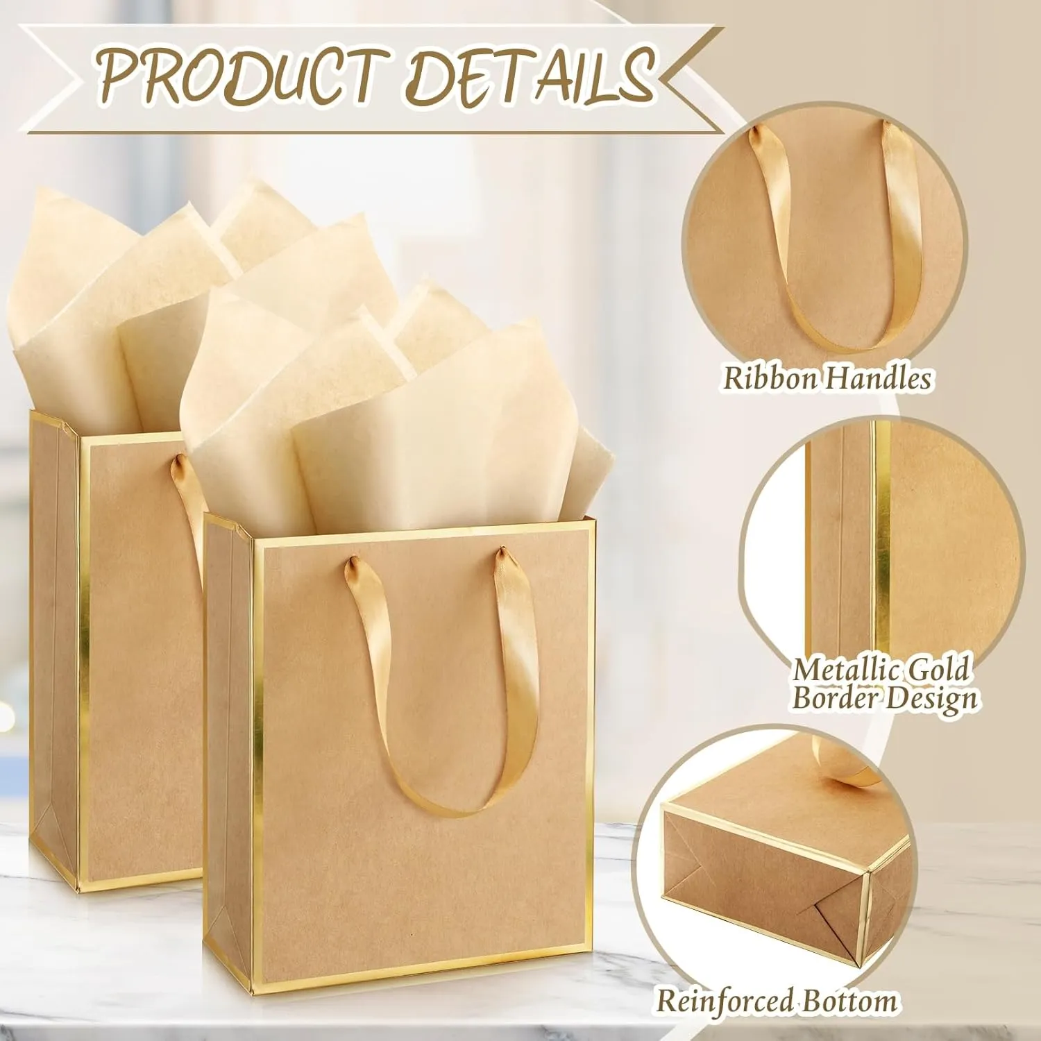 Yeaqee 24 Pack Metallic Paper Gift Bags with Handle and Tissue 9x7x3.1 Welcome Gift Thank You Bags for Wedding Father's Day Bridal Shower Groomsmen Birthday Party(Kraft, Gold)