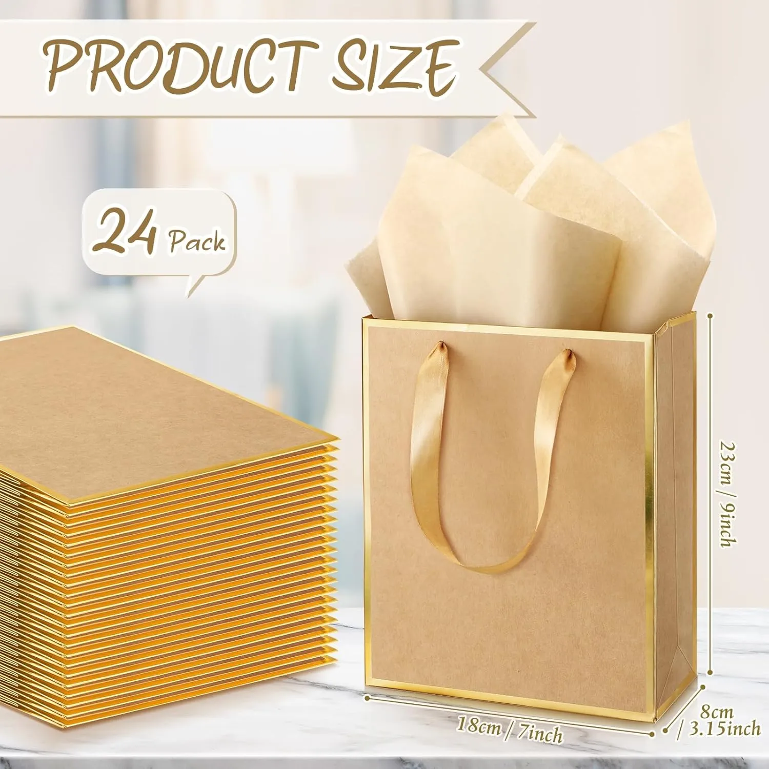 Yeaqee 24 Pack Metallic Paper Gift Bags with Handle and Tissue 9x7x3.1 Welcome Gift Thank You Bags for Wedding Father's Day Bridal Shower Groomsmen Birthday Party(Kraft, Gold)