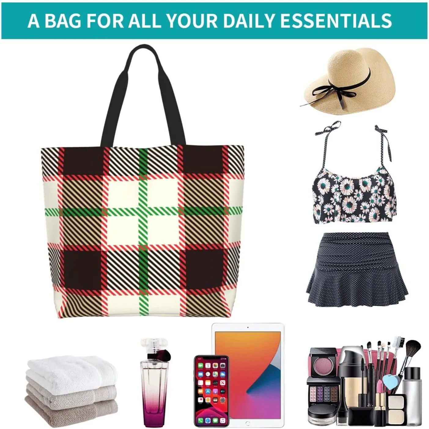 Yellow and Black Tartan Pattern Women's Tote Bag Large Capacity Single Shoulder Bags Handbag for Shopping Work
