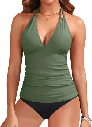 Yonique Womens Two Piece Swimsuits Tummy Control Tankini Plus Size Bathing Suit Halter V Neck Swimwear