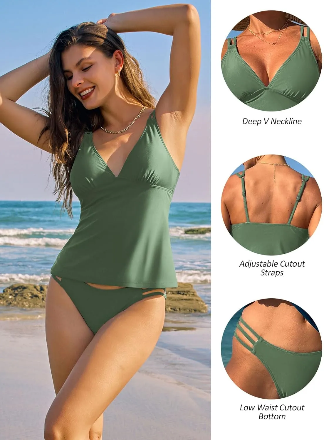 ZAFUL Womens 2025 Tankini Sets Sexy V Neck Swimsuit, Swim Tank Top and Cutout Bikini Briefs Two Piece Bathing Suit