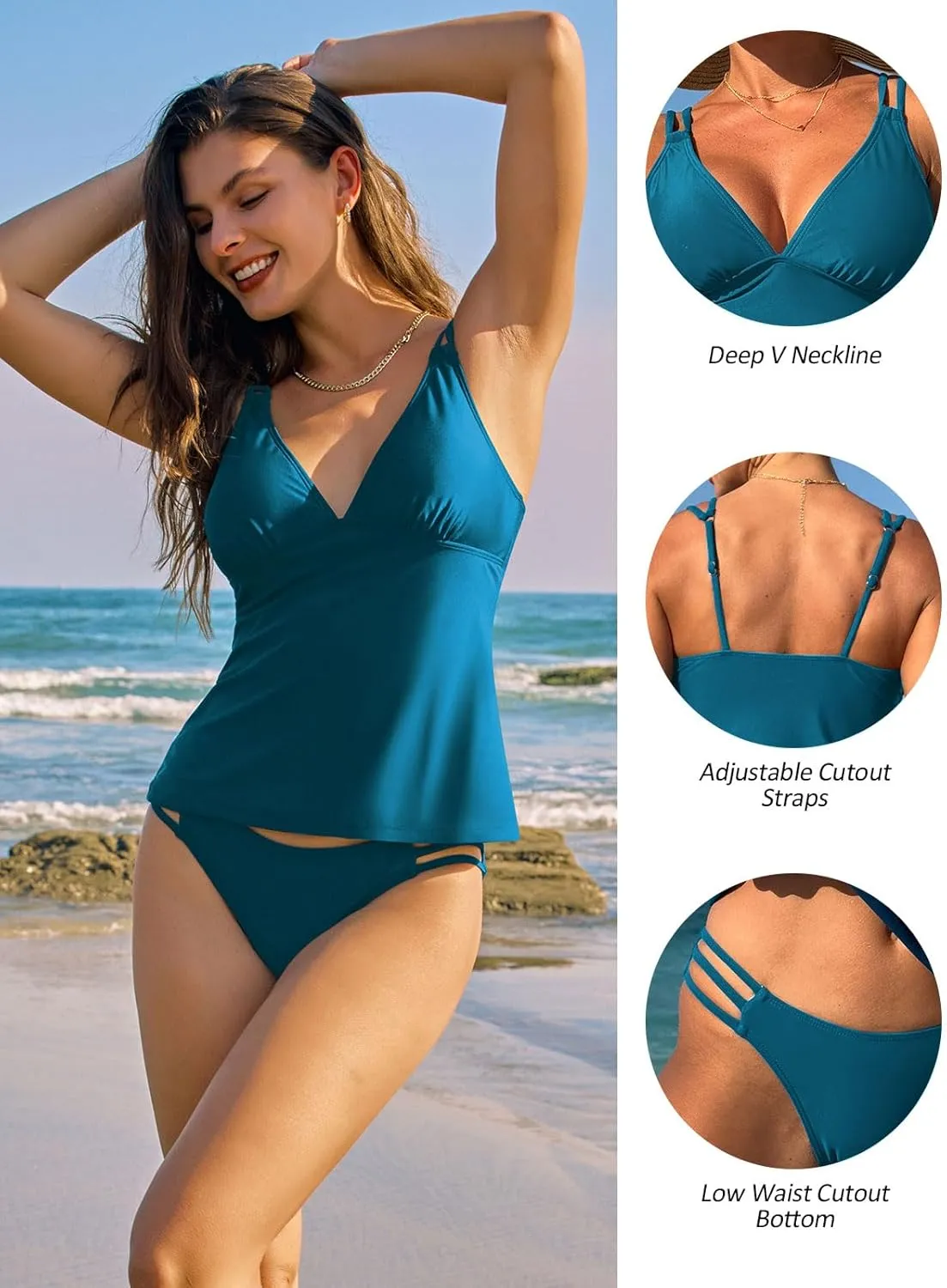ZAFUL Womens 2025 Tankini Sets Sexy V Neck Swimsuit, Swim Tank Top and Cutout Bikini Briefs Two Piece Bathing Suit