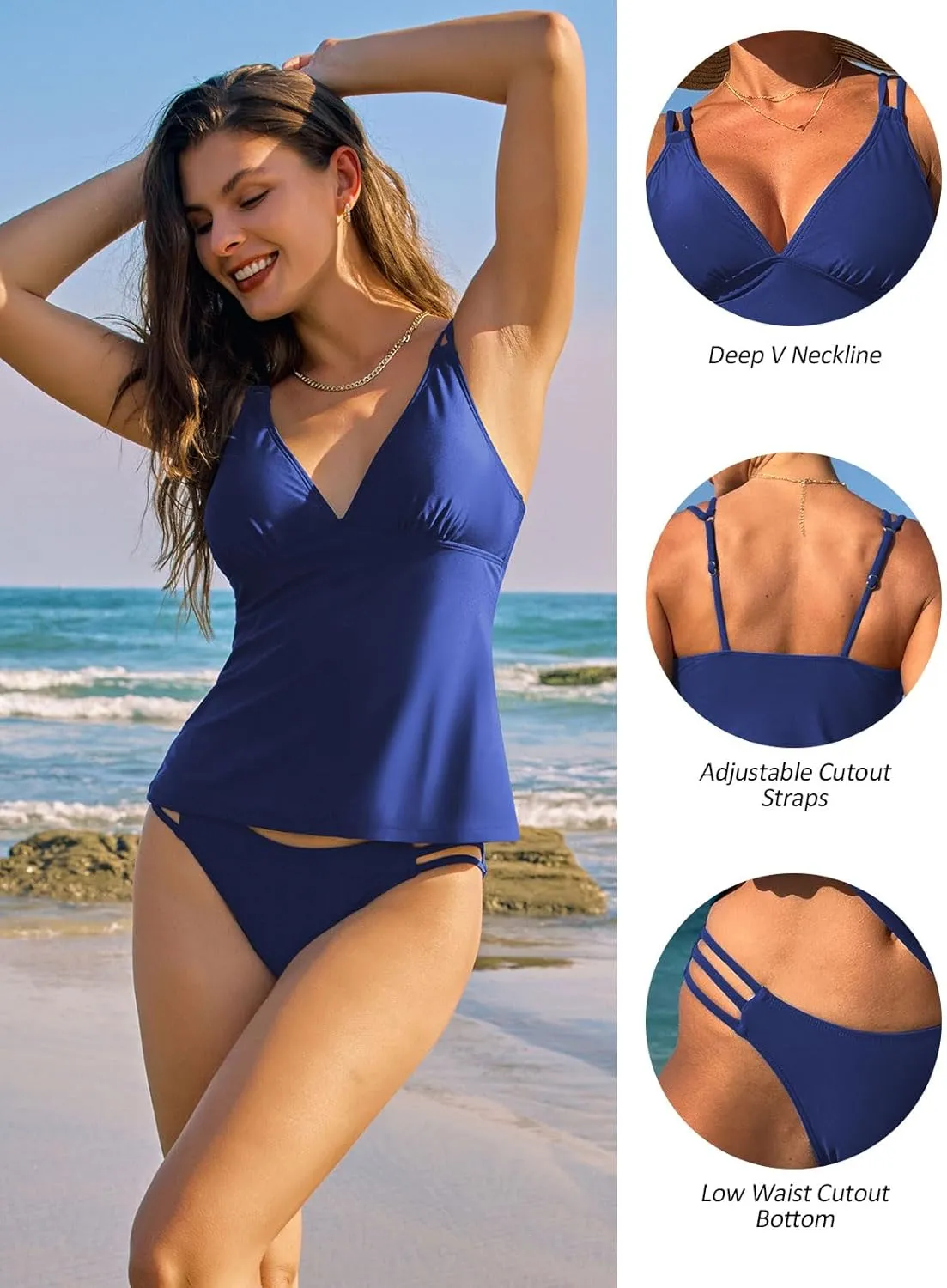ZAFUL Womens 2025 Tankini Sets Sexy V Neck Swimsuit, Swim Tank Top and Cutout Bikini Briefs Two Piece Bathing Suit